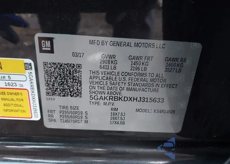 2017 Buick Enclave Leather z USA, uszkodzony, nr VIN 5GAKRBKDXHJ315633